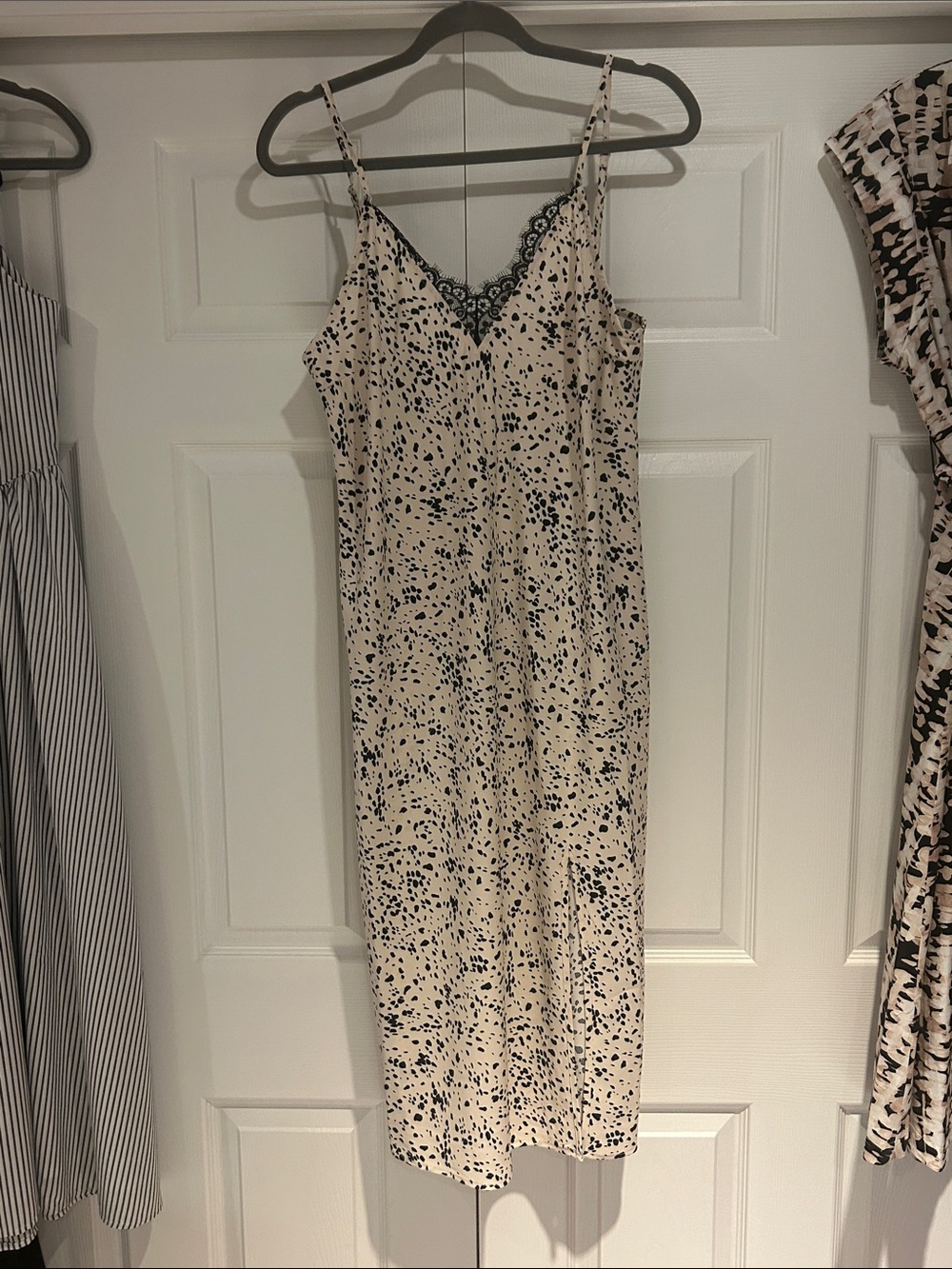 a new day Cream Slip Midi Dress with Black Spot Print & Lace Trim